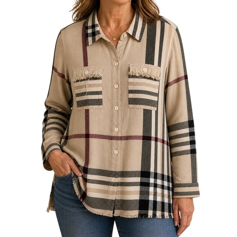 JOHN MARK Sz Small Plaid Wearable Art Blouse Shirt Top Christmas Winter Artsy